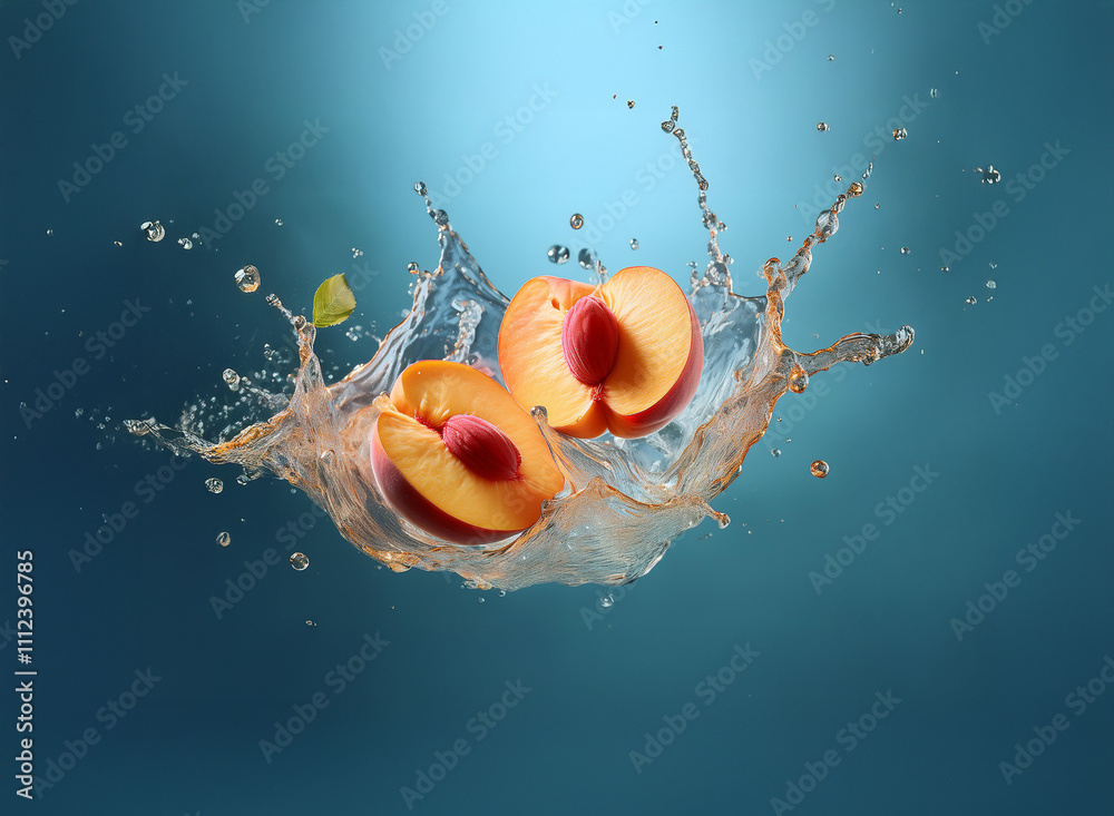 Aufkleber two peach halves create a vibrant splash in clear water against a teal backdrop. the scene is dynami