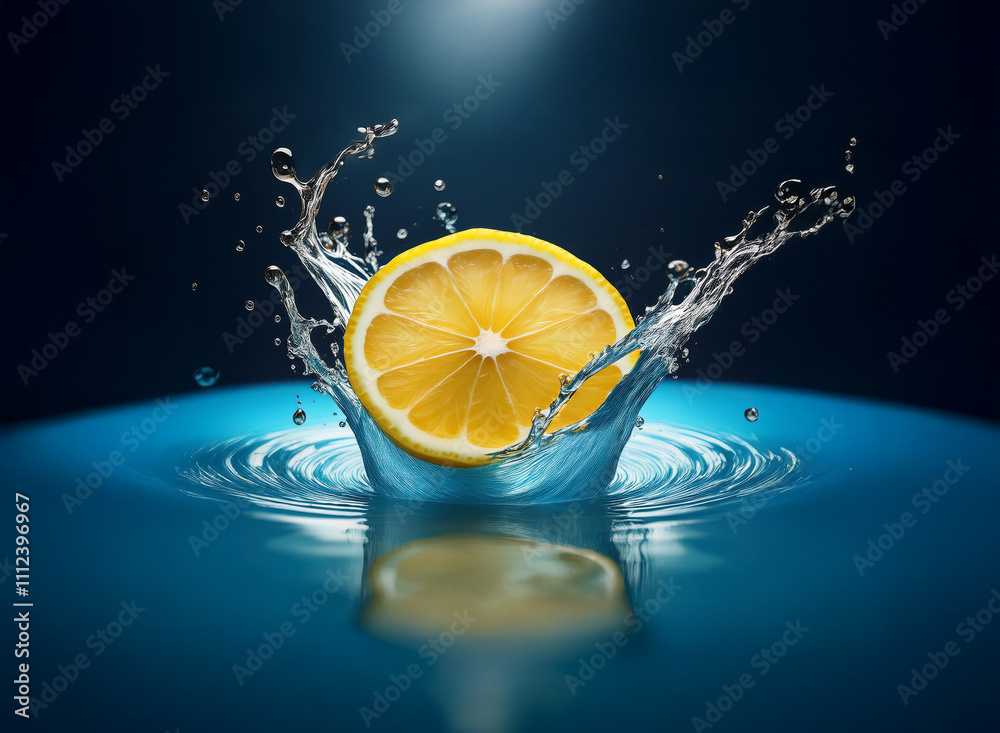 Fototapete a vibrant lemon slice creates a dynamic splash in clear blue water. the contrasting colors and the m