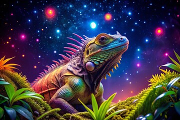 Obraz premium Happy Iguana Wearing Sunglasses in a Night Photography Setting for a Vibrant Commercial Advertisement Image Featuring Tropical Elements and Playful Colors