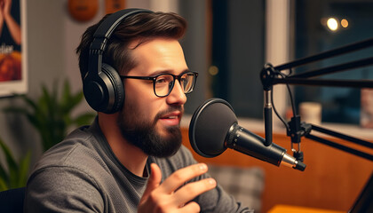A podcast host speaking into a high-quality microphone, with headphones on and a cozy studio background.
