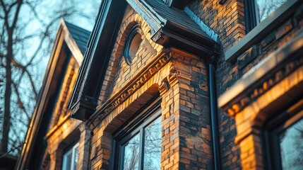 Obraz premium Low angle view of a brick building with arched windows and a black roof.