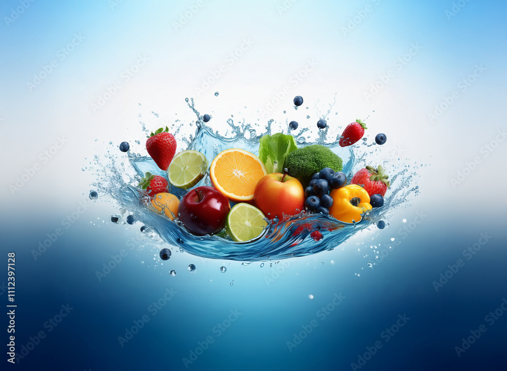 Aufkleber a vibrant mix of fresh fruits and vegetables splashing into clear water, creating a dynamic and heal