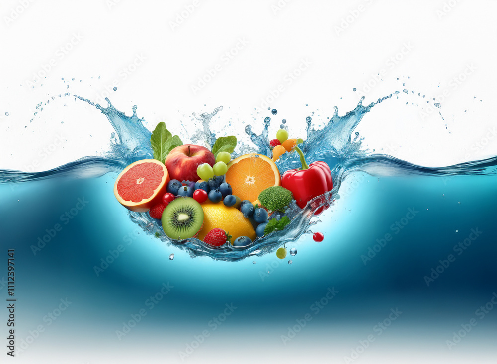 Poster a vibrant mix of fresh fruits and vegetables splashes into clear blue water, creating a dynamic and 