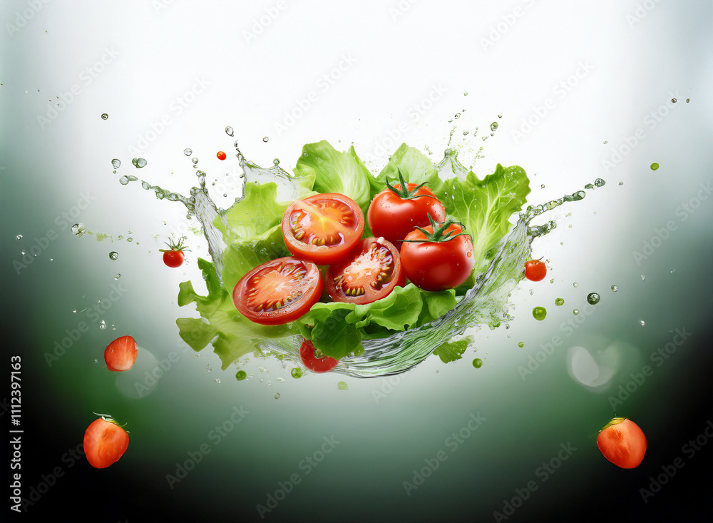 Poster Fresh lettuce and juicy tomatoes burst from a water splash, creating a vibrant and healthy image.  Small strawberries add a pop of color.