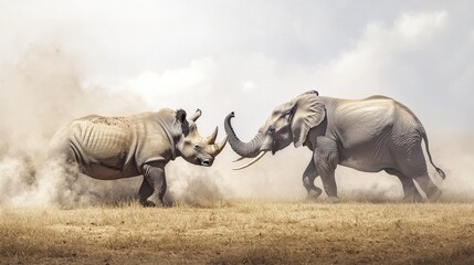 Fototapeta premium A rhinoceros and an elephant squaring off in a dry savanna, dust clouds swirling around them as their massive forms prepare for impact, symbolizing power struggles
