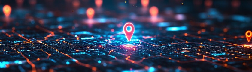 Aerial perspective of land plots with glowing digital markers and network lines, symbolizing the concept of land area management and property mapping