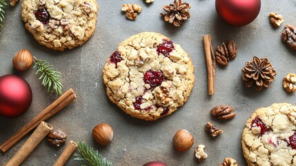 Fototapeta premium Cranberry drop cookies styled on a rustic table with scattered cinnamon sticks, nuts, and holiday ornaments