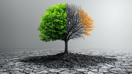 Circular Abstract Design: From Lively Green Tree to Barren, Cracked Tree with Earth Tones