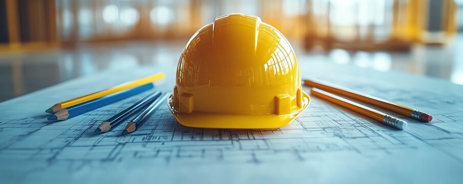 Architectural blueprint with floor plan details, surrounded by pencils and a hard hat, illustrating the organized process of project management in construction