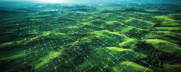 Bird seye view of land plots with digital grid lines, markers, and network overlays, symbolizing advanced land plot area management systems