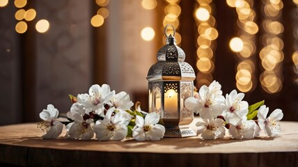 Obraz premium White flowers, prunus tree blossoms and glowing silver decorative Moroccan lantern on table background with golden bokeh lights. Iftar dinner. Ramadan Kareem greeting card, invitation.