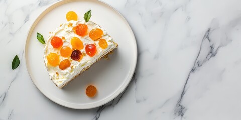 Cassata Siciliana Sicilian cake with ricotta and candied fruits, plated on a clean white plate, marble background, top view, text area included.