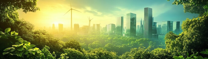 Conceptual image of wind turbines and solar panels generating green energy, with ecofriendly technology symbolizing sustainable power solutions for the future