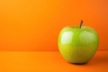 Bright green apple on orange background, minimalist design concept