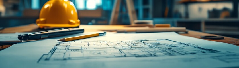Detailed blueprint floor plan on a work table with architectural tools, pencils, and a hard hat, showcasing project management in the construction and design industry