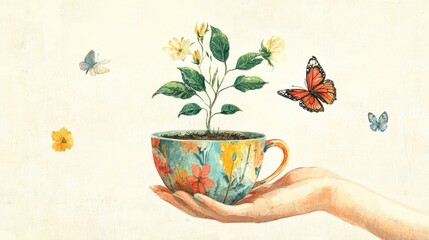 A hand holds a teacup with a small plant growing out of the soil. Two butterflies fly nearby.