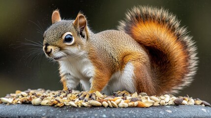 A cute red squirrel with a bushy tail stands on a bird feeder filled with seeds.
