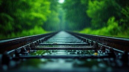 A close-up view of wet railroad tracks with blurred green foliage in the background. The rain is falling and the tracks are wet and glistening.