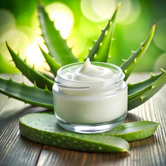aloevera leaves with a beauty cream bottle
