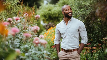 Cheerful Man Standing in Lush Garden Surrounded by Colorful Flowers and Greenery, Embracing Nature's Beauty