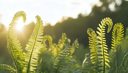 Naklejka premium Golden sunlight illuminates vibrant green ferns, creating a serene and peaceful nature scene.