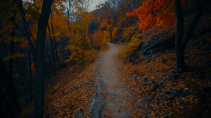Scenic trail through a vibrant autumn forest, surrounded by colorful fall foliage