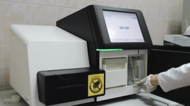 DNA sequencer working in the laboratory. The gloved hands of a researcher place reagents for its analysis into the sequencer. High-tech laboratory equipment.