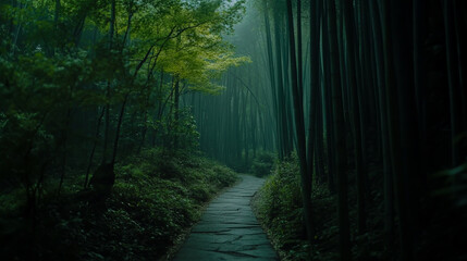 Fototapeta premium Scenic trail winding through a lush bamboo forest, surrounded by green foliage