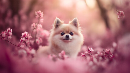 Obraz premium Adorable Pomeranian puppy sitting outdoors, fluffy and playful canine enjoying a cheerful summer day in the park, showcasing its friendly nature and lovely purebred charm