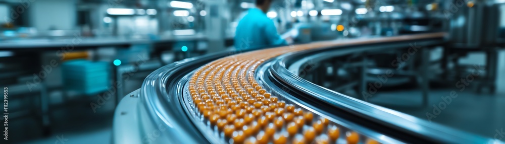 Poster futuristic pharmaceutical factory with automated systems and a sterile environment, processing pills