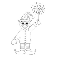 Black and white illustration of a cheerful Christmas elf holding a sparkler, ideal for childrens coloring pages.