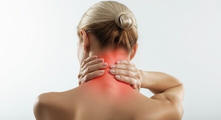 Obraz premium Woman Suffering from Neck Pain on White Background