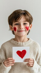 Young boy with a painted red heart on his cheek, grinning as he holds a Valentine's Day card...