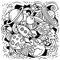 Space cartoon vector illustration. Funny detailed composition with a lot of Cosmos objects and symbols