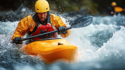 Man kayaking in rapid river wearing bright waterproof gear and helmet