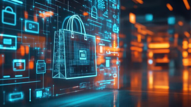 Futuristic Digital Shopping Experience with Interactive Shopping Bag and E-Commerce Data Visualizations in a High-Tech Environment