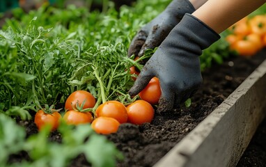 Fototapeta premium Children happily harvesting vegetables from their school garden