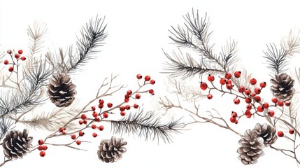 Decorative holiday forest art featuring fir twigs, red berries, and pine cones, banner style with white background
