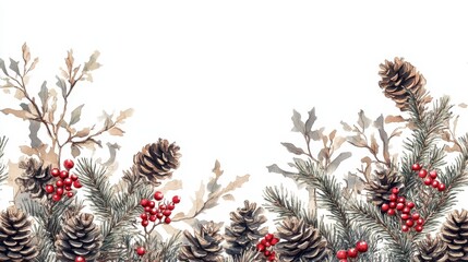 Naklejka premium Decorative holiday forest art featuring fir twigs, red berries, and pine cones, banner style with white background