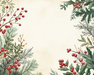 Fototapeta premium Elegant Christmas forest art in retro style, featuring a decorative border with berries and greenery, perfect for greeting card templates