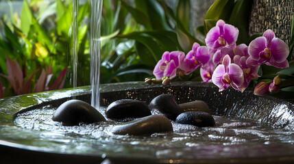 Tranquil spa scene with orchids, hot stones, and flowing water