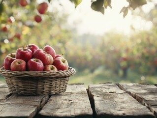 A basket of red apples sits on a rustic wooden table in an orchard setting.