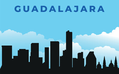 Fototapeta premium Guadalajara. Black silhouette of the city skyline. Vector on the background of blue sky with white clouds 