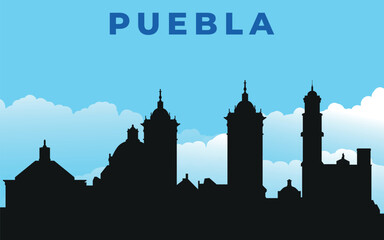 Obraz premium Puebla. Black silhouette of the city skyline. Vector on the background of blue sky with white clouds 