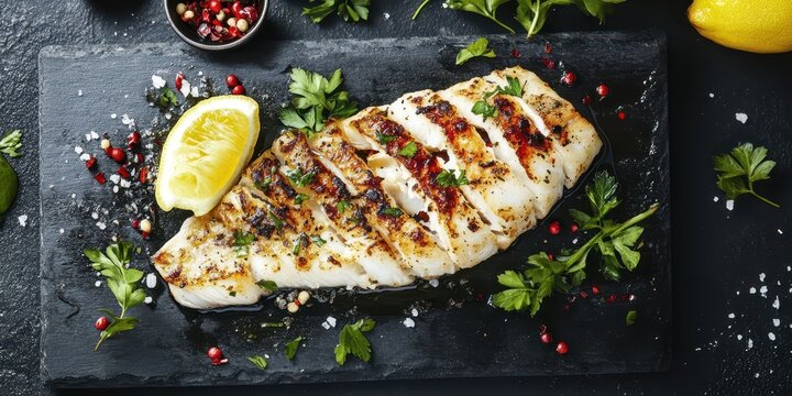 Grilled monkfish garnished with lemon and herbs, plated on a sleek stone surface, top view, reserved text space.