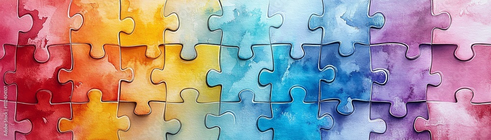 Poster a colorful abstract design of interlocking puzzle pieces with watercolor textures