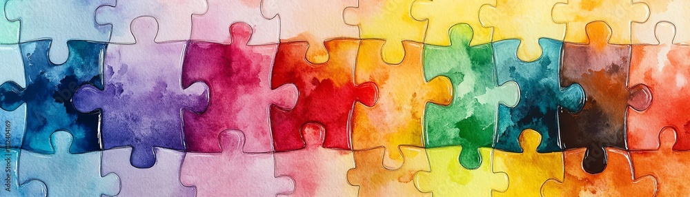 Aufkleber a colorful abstract design of interlocking puzzle pieces with watercolor textures