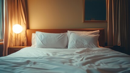 A comfortable double bed in a hotel room, with crisp white sheets and fluffy pillows, creating a welcoming and restful atmosphere.