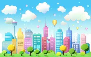 Vector illustration of a modern city skyline in a 3D cartoon flat style, with colorful buildings, trees, and a clear sky filled with soft clouds, offering a clean and cheerful backdrop