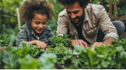 Happy father and daughter gardening together, tending to young plants in a raised garden bed.